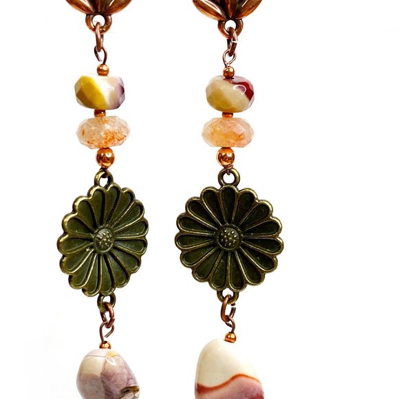 Mookaite Sunstone Flower Statement Copper Earrings - Picture 7 of 8